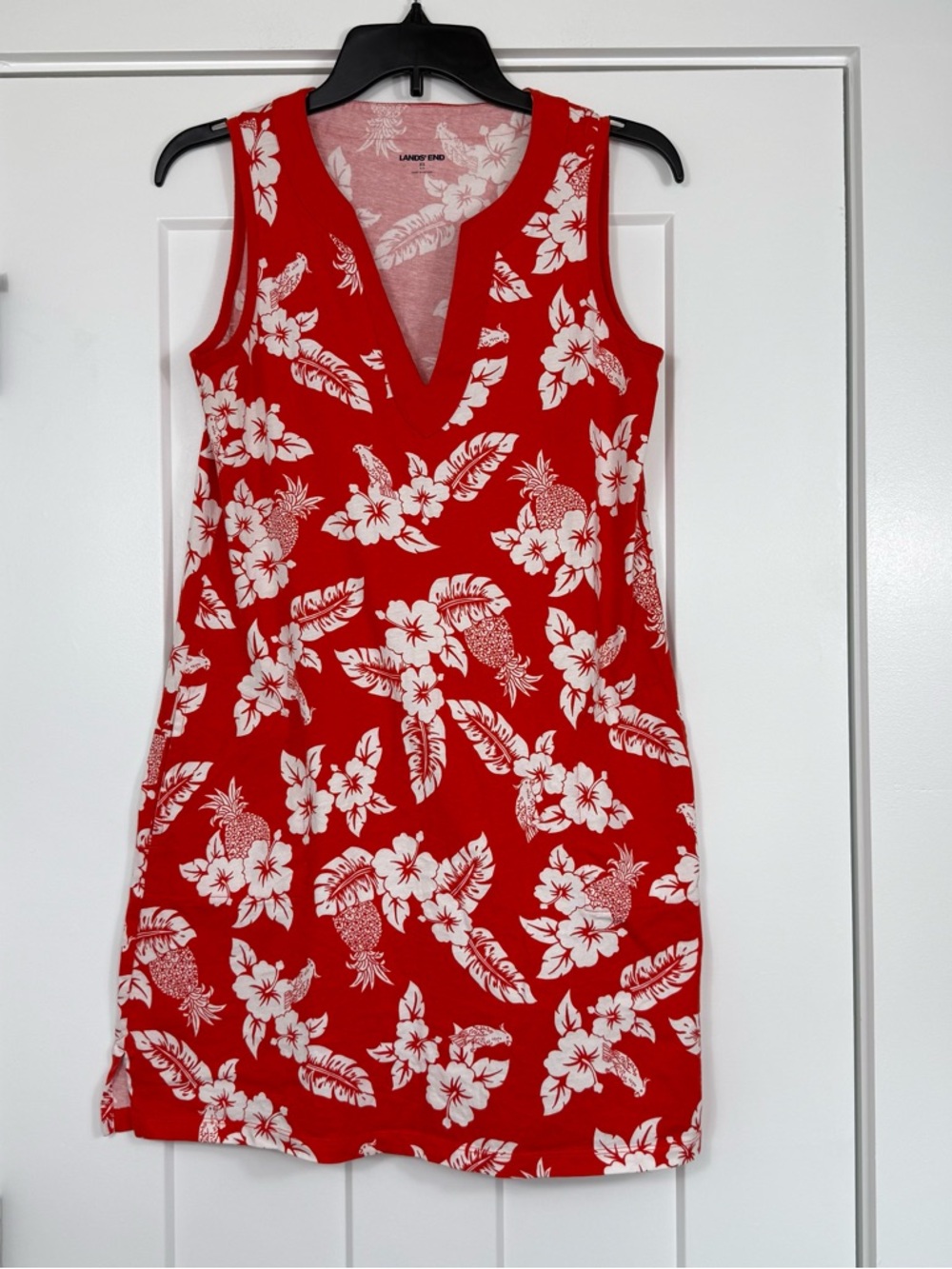 Lands End Sleeveless Floral Tropical Cotton Dress Red White Women’s Size XS